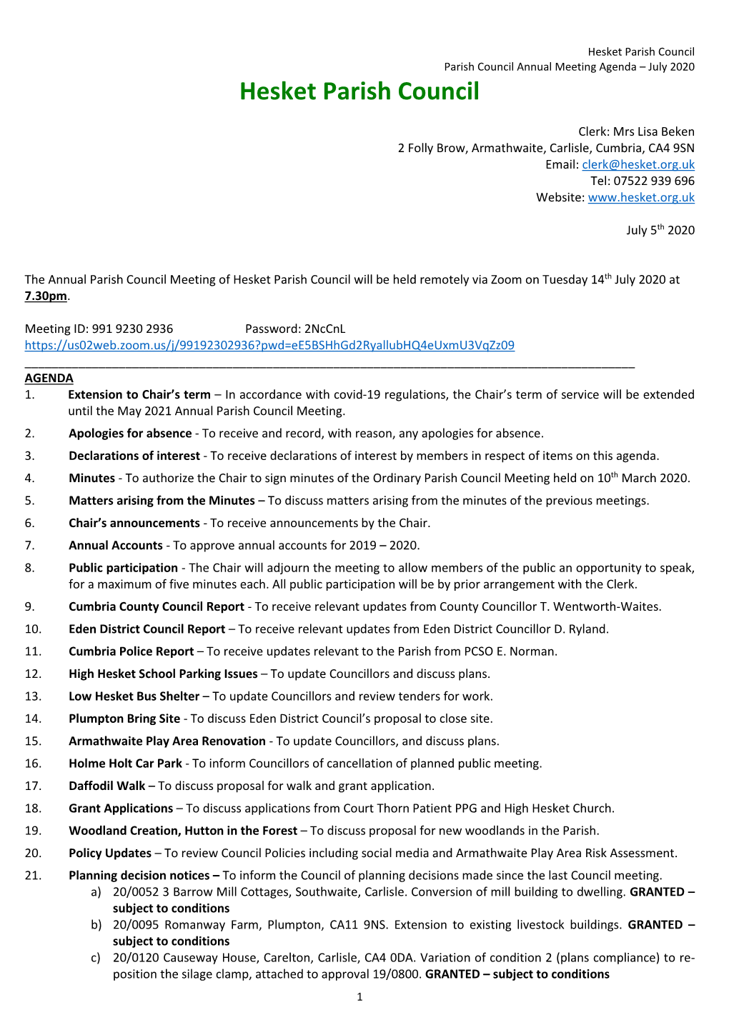 Annual Parish Council Meeting July 2020 Agenda