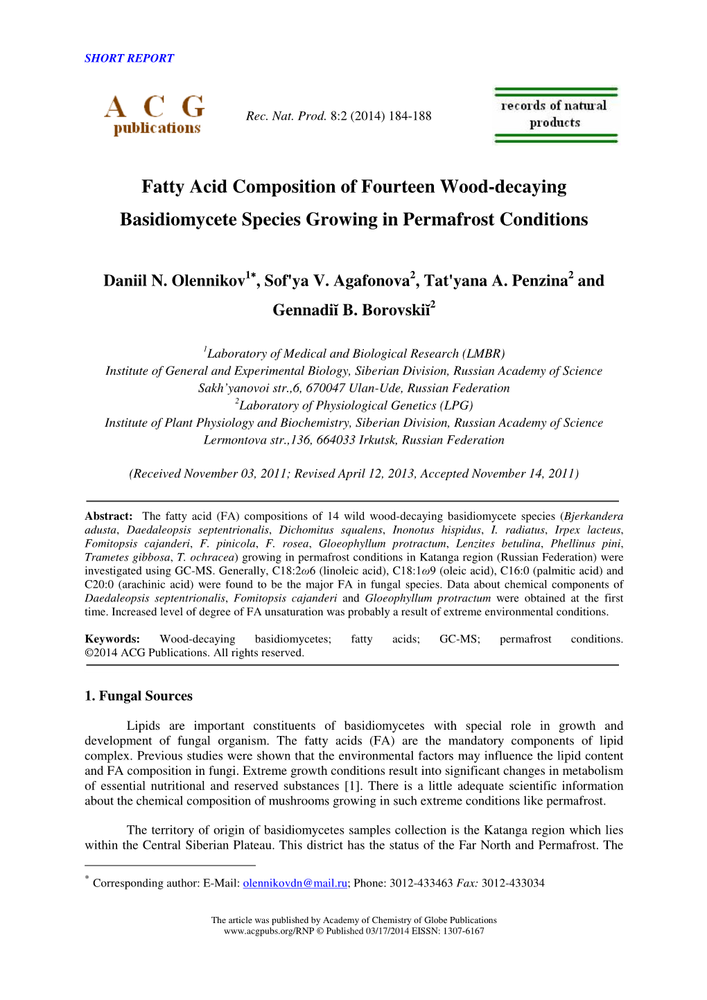 Fatty Acid Composition of Fourteen Wood-Decaying Basidiomycete Species Growing in Permafrost Conditions