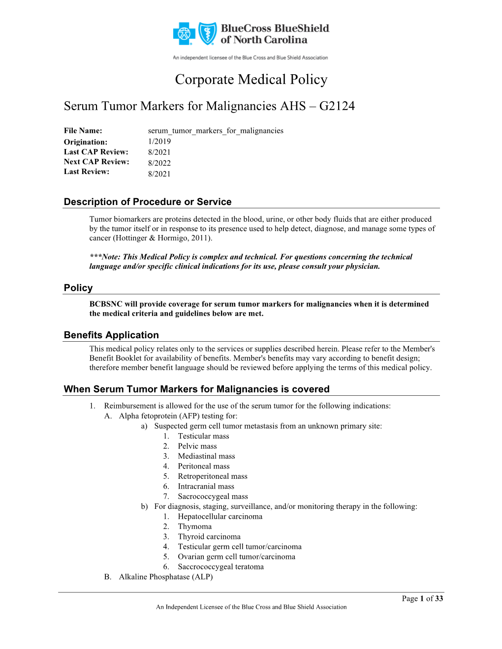 Serum Tumor Markers for Malignancies AHS – G2124