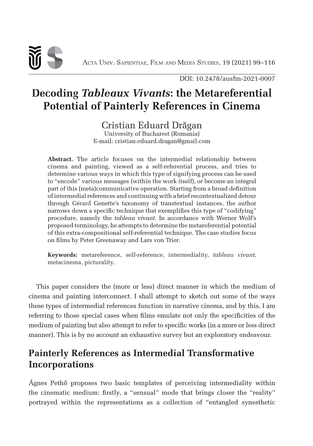 Decoding Tableaux Vivants: the Metareferential Potential Of