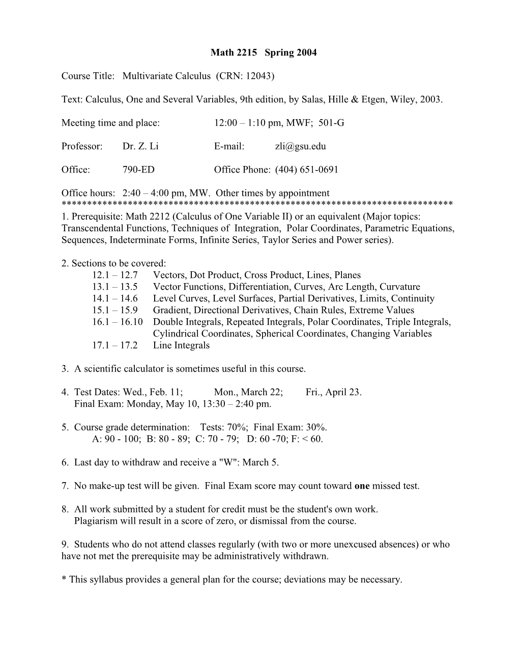 Course Title: Multivariate Calculus (CRN: 12043)