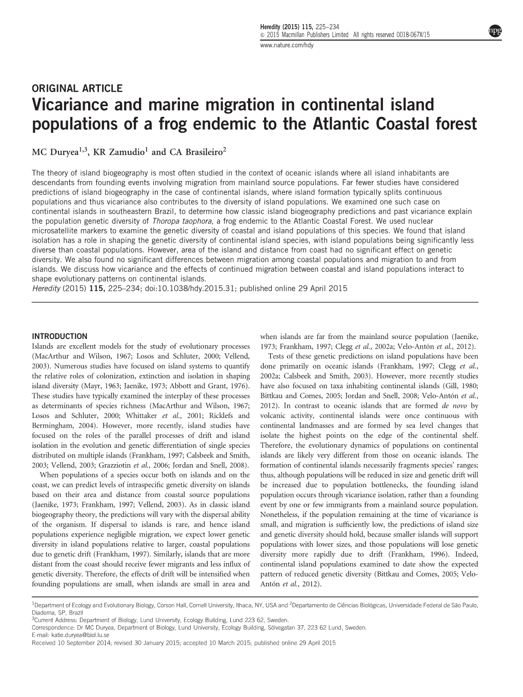 Vicariance and Marine Migration in Continental Island Populations of a Frog Endemic to the Atlantic Coastal Forest