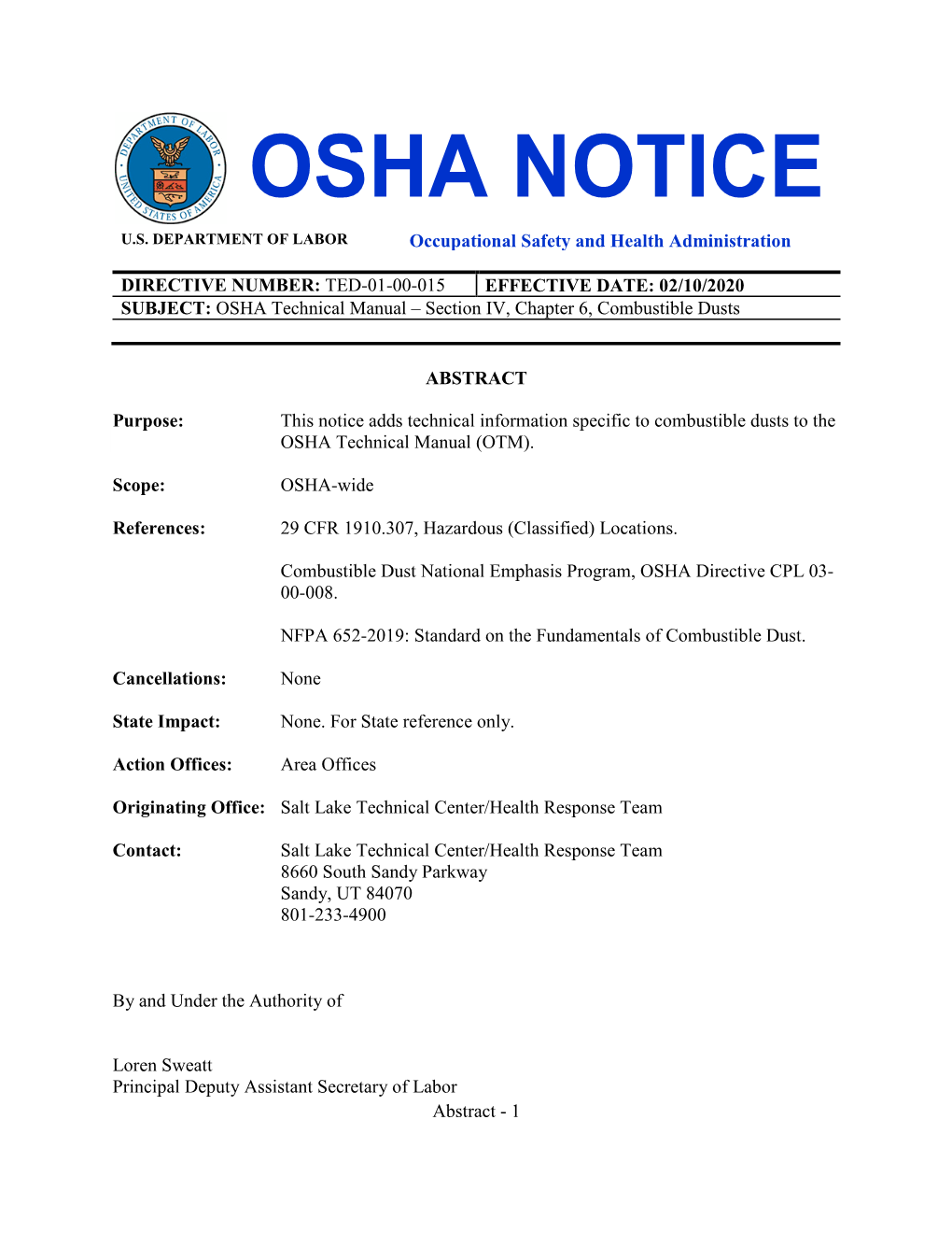 OSHA Technical Manual – Section IV, Chapter 6, Combustible Dusts