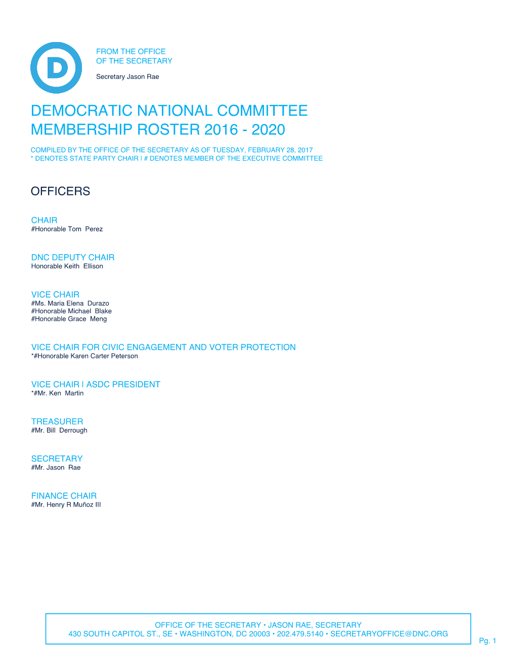 Democratic National Committee Membership Roster 2016 - 2020