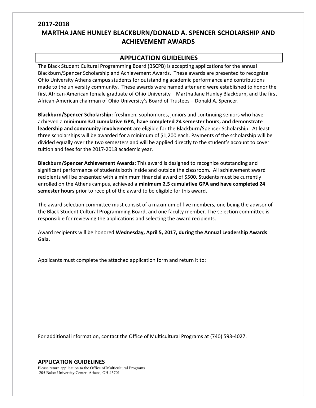 Martha Jane Hunley Blackburn/Donald A. Spencer Scholarship and Achievement Awards