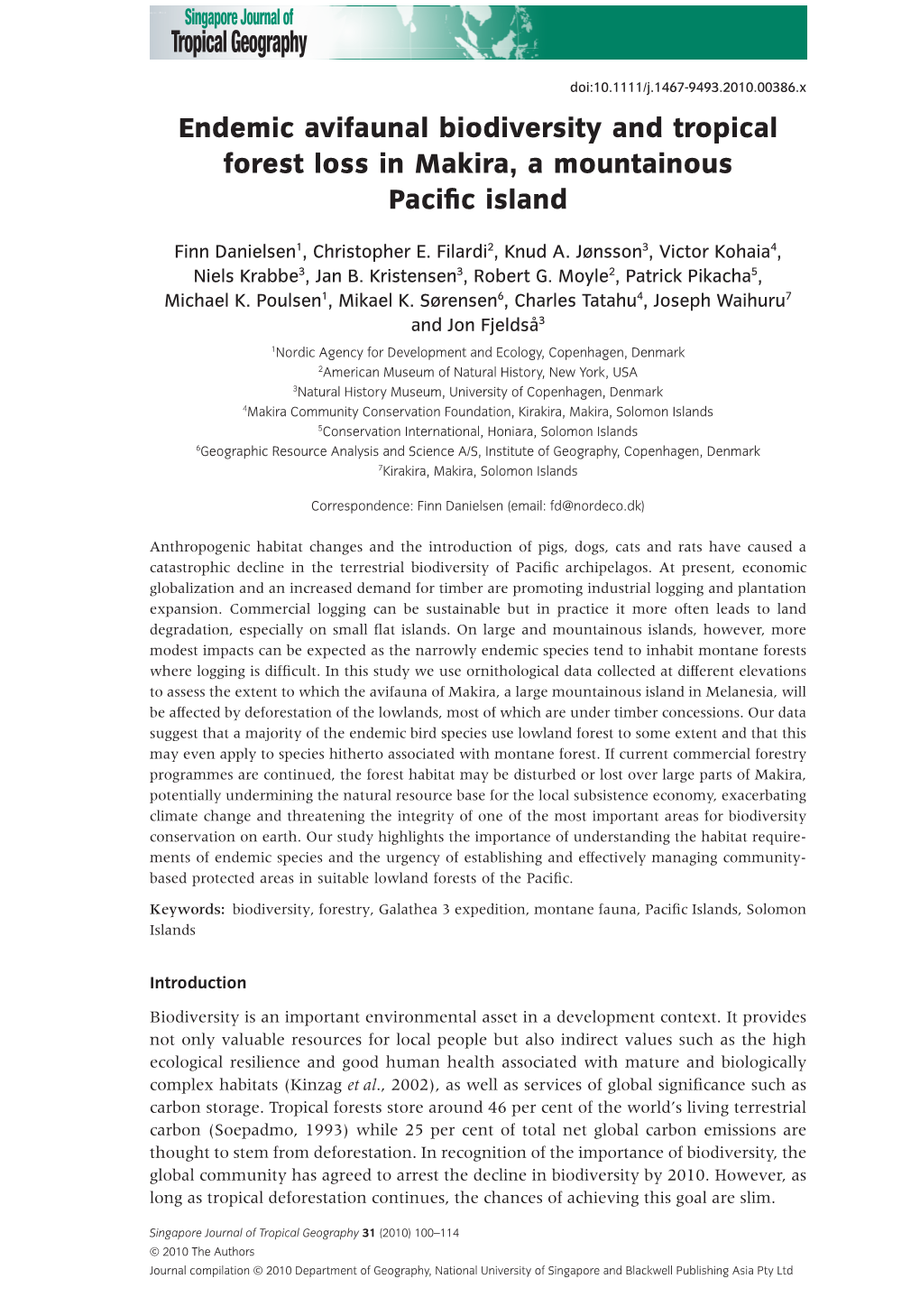 Endemic Avifaunal Biodiversity and Tropical Forest Loss in Makira, a Mountainous Paciﬁc Island