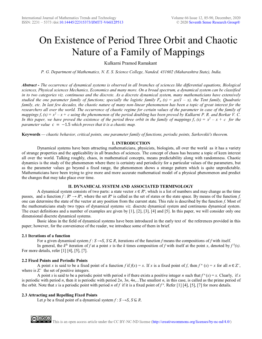 On Existence of Period Three Orbit and Chaotic Nature of a Family of Mappings Kulkarni Pramod Ramakant