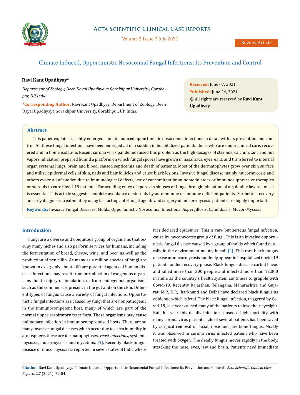 Climate Induced, Opportunistic Nosocomial Fungal Infections: Its Prevention and Control