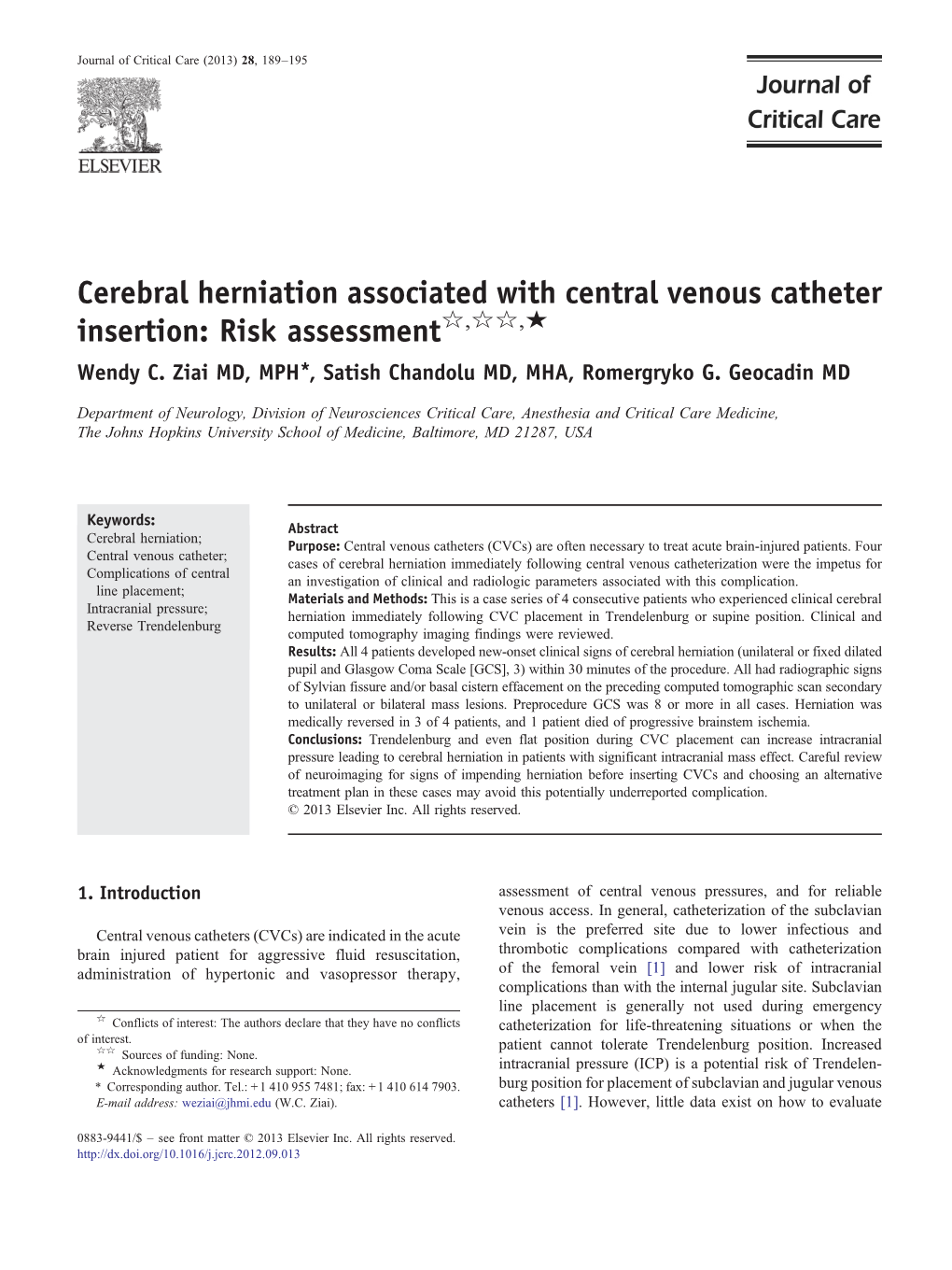 Cerebral Herniation Associated with Central Venous Catheter Insertion: Risk Assessment☆,☆☆,★ Wendy C