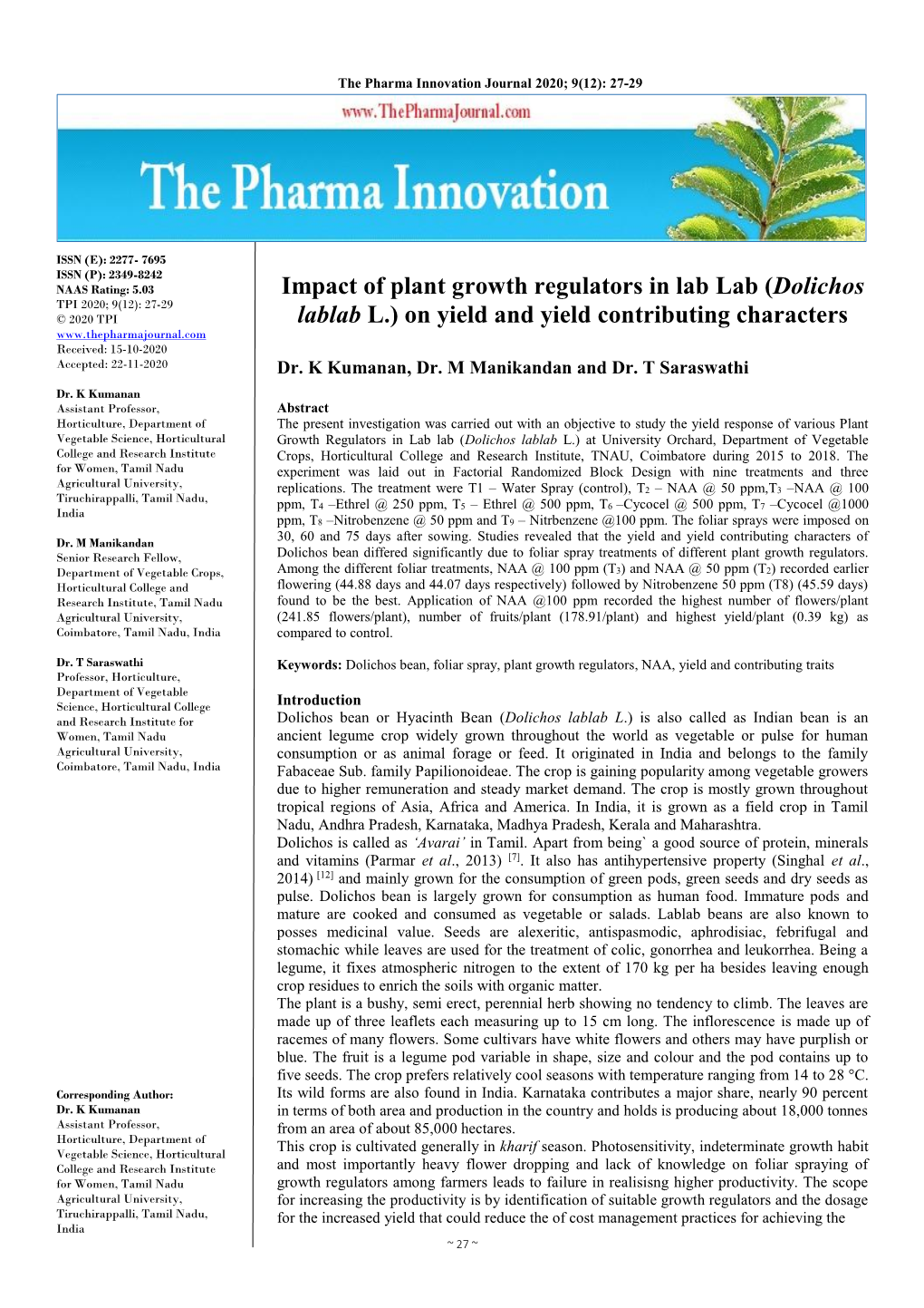 Impact of Plant Growth Regulators in Lab Lab (Dolichos Lablab