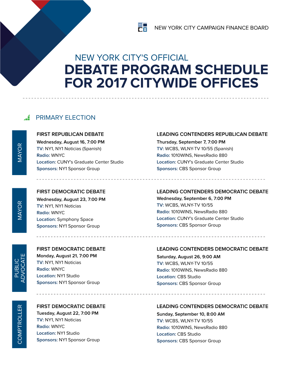 Debate Program Schedule for 2017 Citywide Offices
