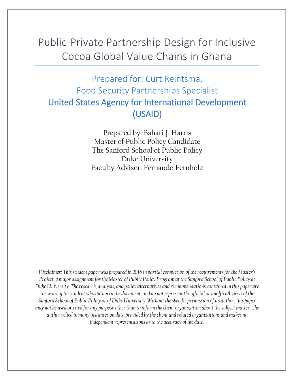 Public-Private Partnership Design for Inclusive Cocoa Global Value Chains in Ghana