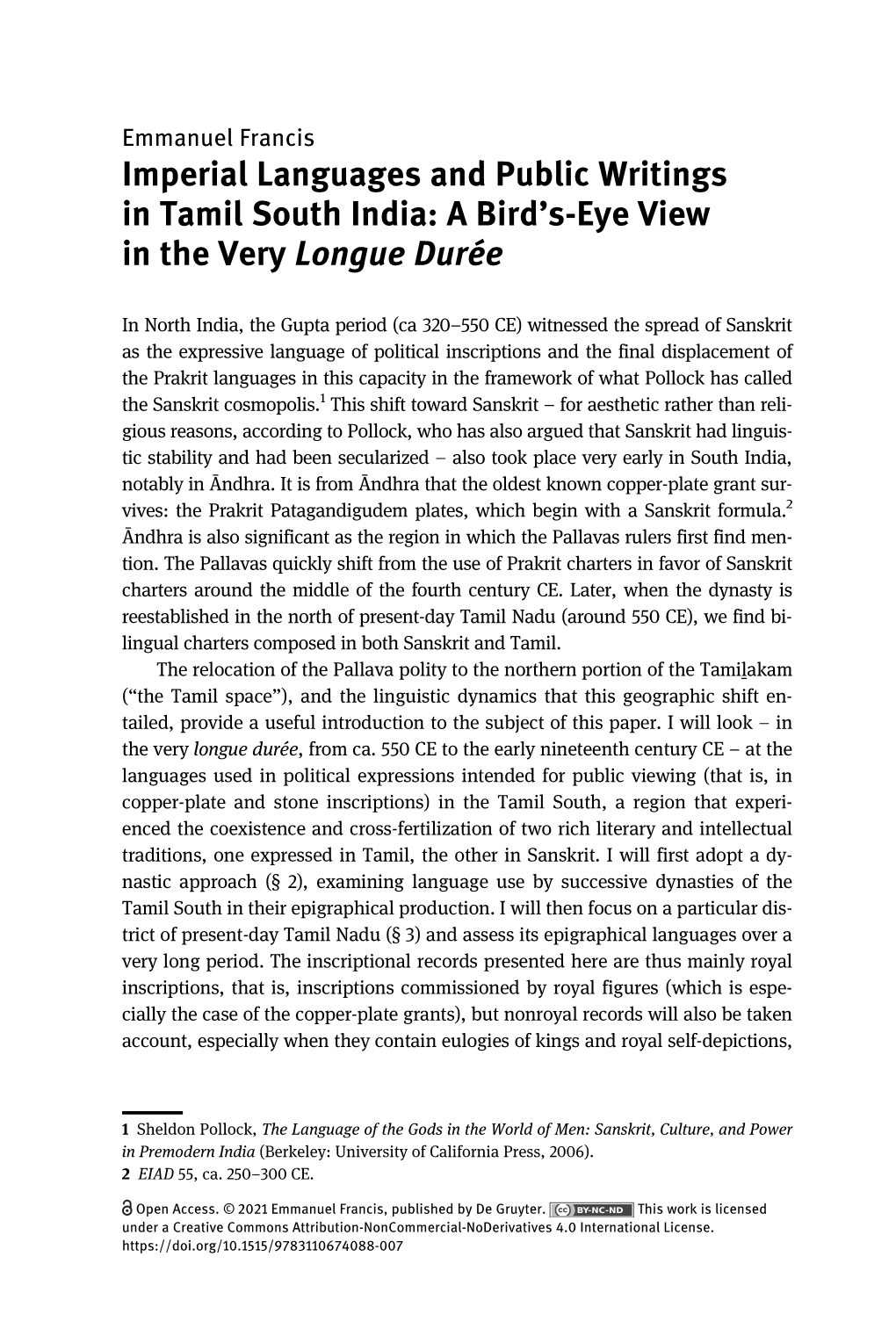 Imperial Languages and Public Writings in Tamil South India: a Bird’S-Eye View in the Very Longue Durée