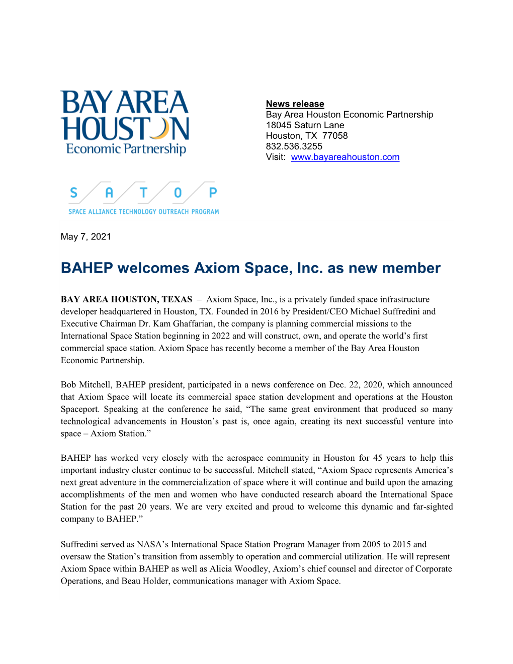 Axiom Space, Inc. As New Member