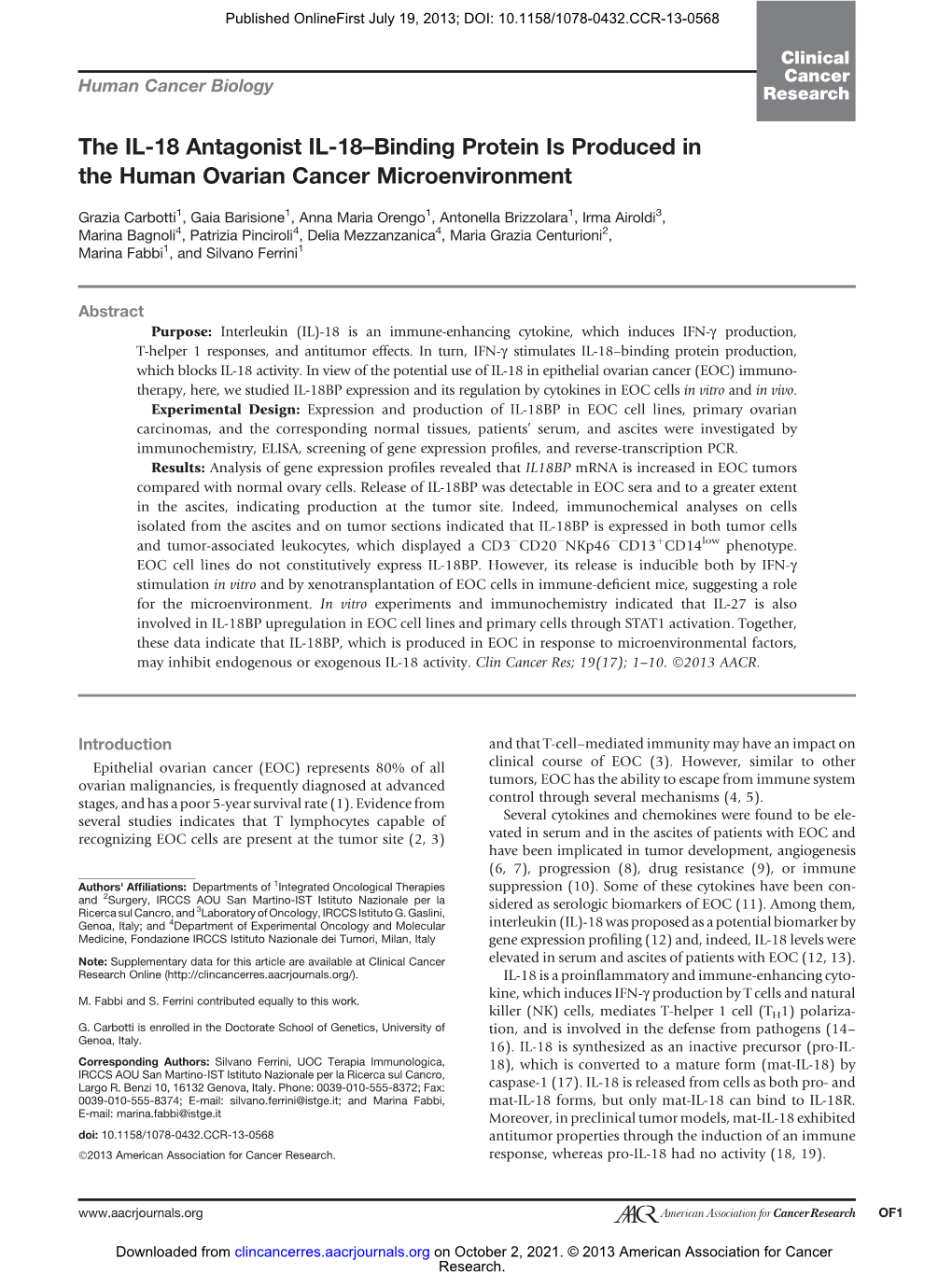 The IL-18 Antagonist IL-18–Binding Protein Is Produced in the Human Ovarian Cancer Microenvironment