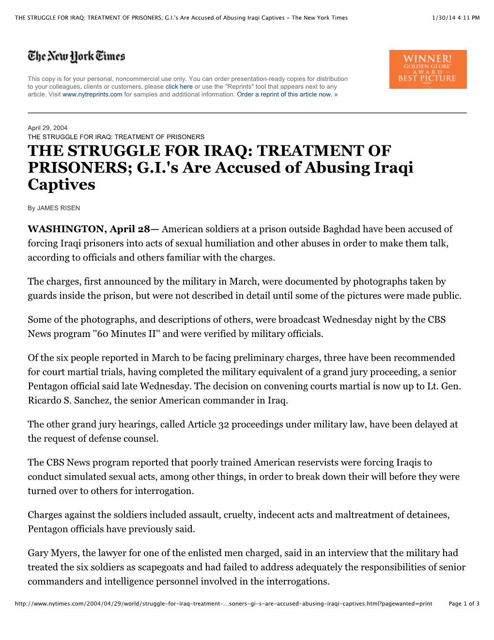 THE STRUGGLE for IRAQ: TREATMENT of PRISONERS; GI's Are Accused of Abusing Iraqi Captives