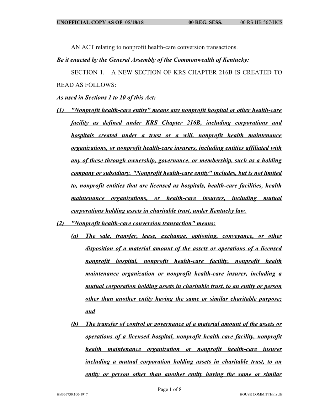 AN ACT Relating to Nonprofit Health-Care Conversion Transactions