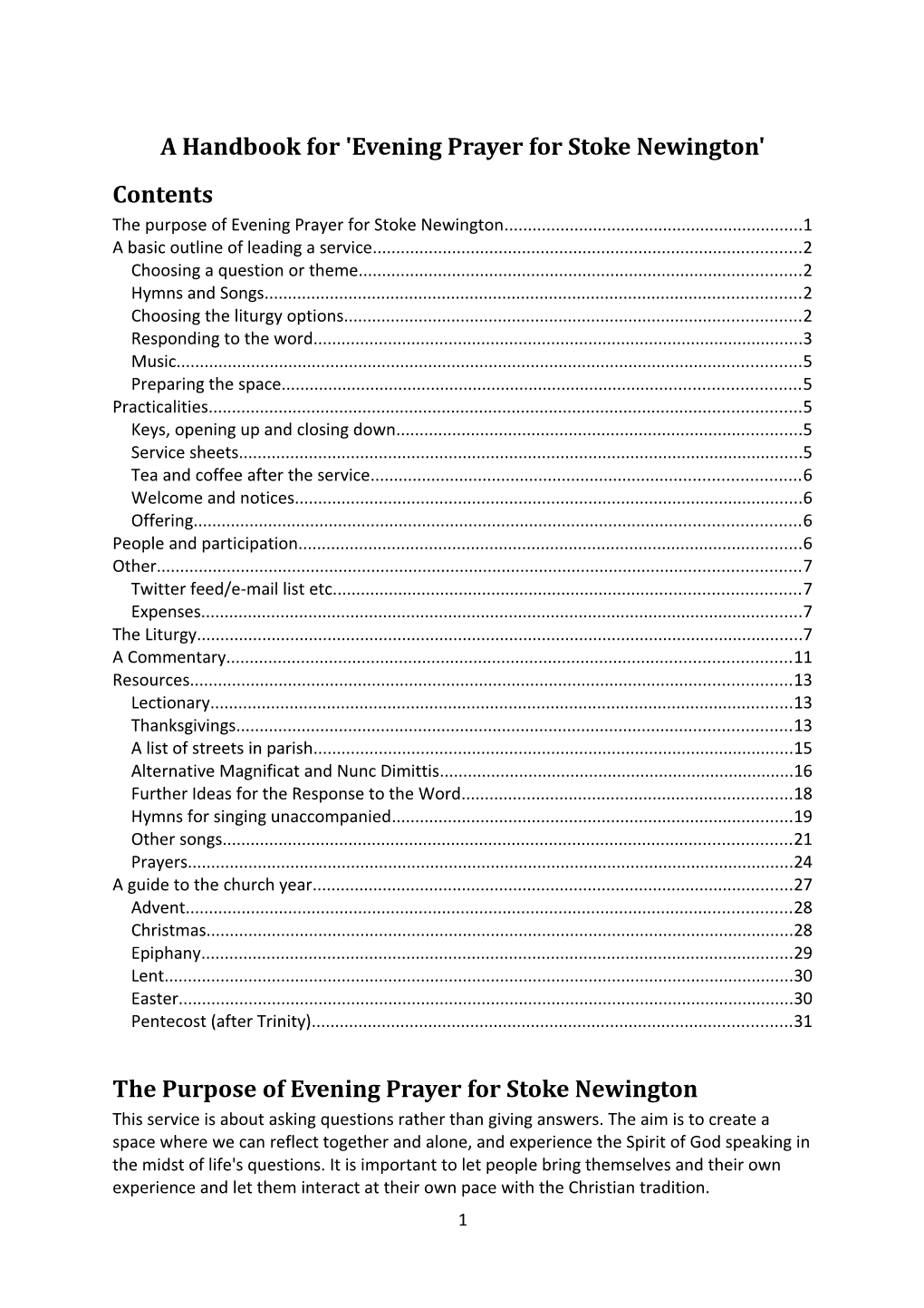 A Handbook for 'Evening Prayer for Stoke Newington'