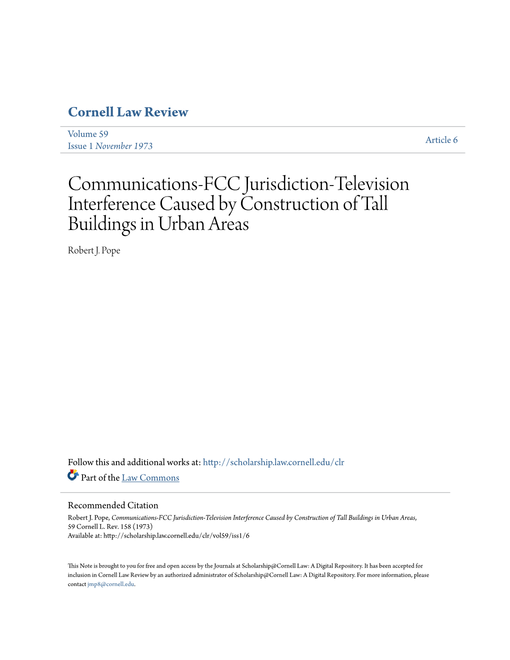 Communications-FCC Jurisdiction-Television Interference Caused by Construction of Tall Buildings in Urban Areas Robert J