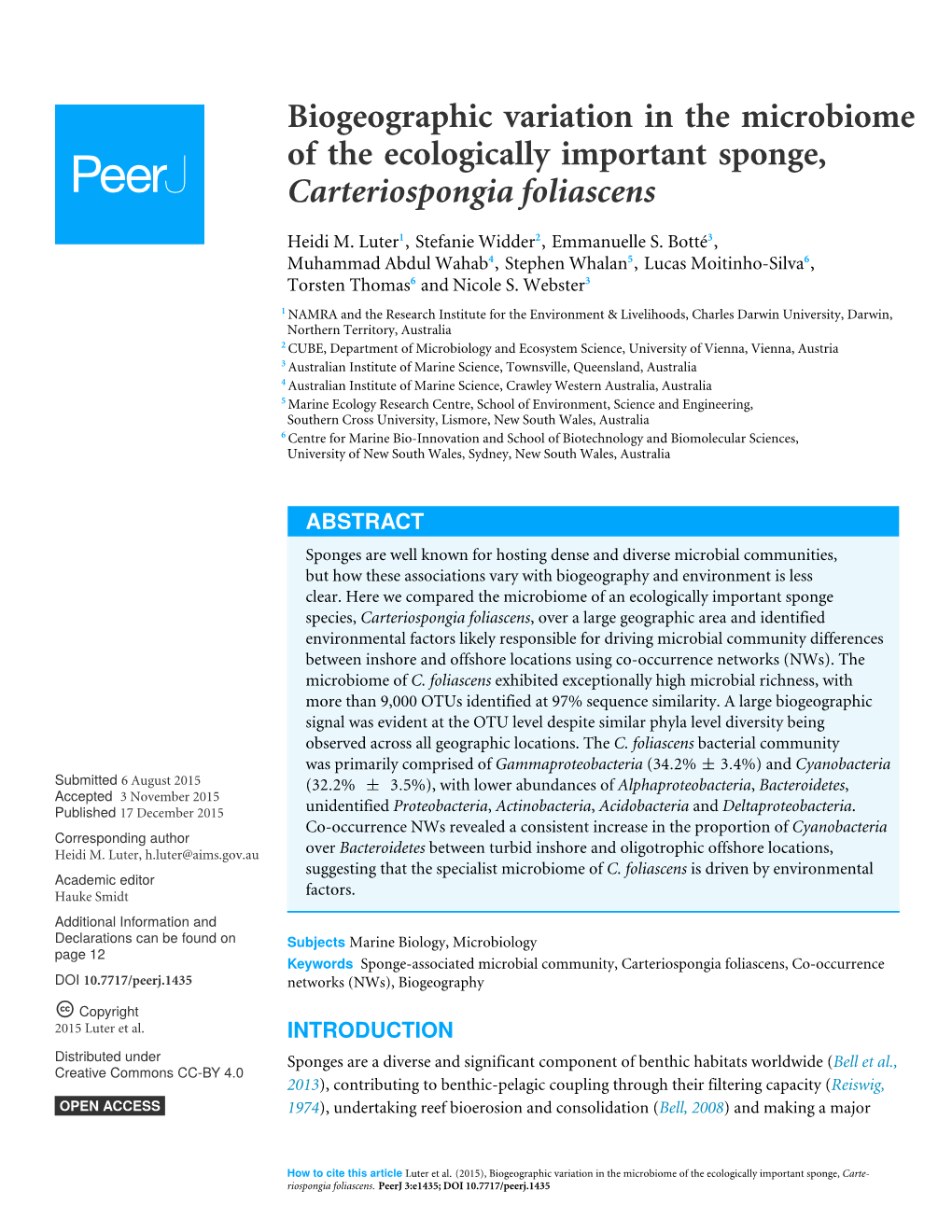 Biogeographic Variation in the Microbiome of the Ecologically Important Sponge, Carteriospongia Foliascens