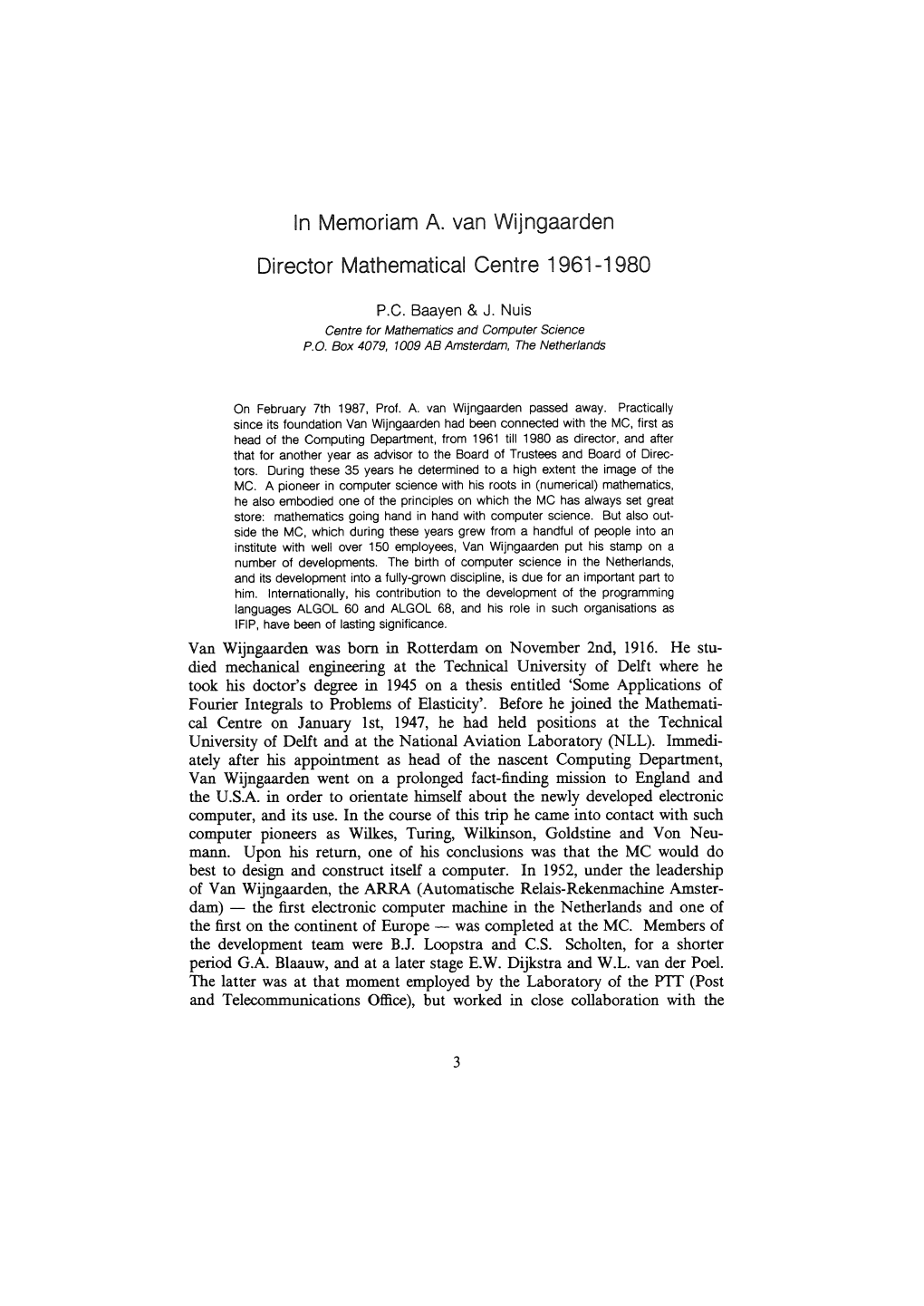 In Memoriam A. Van Wijngaarden Director Mathematical Centre 1961