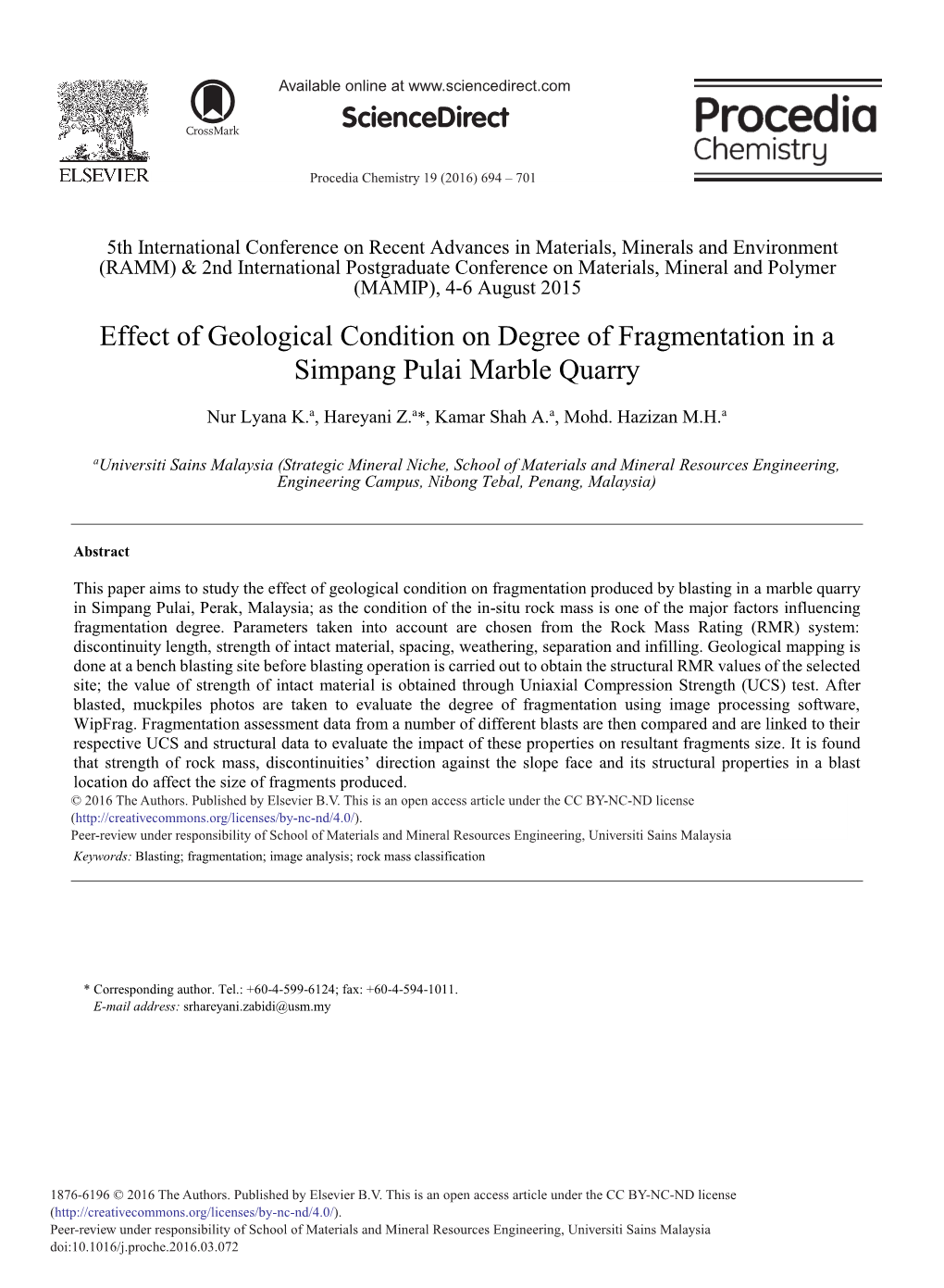 Effect of Geological Condition on Degree of Fragmentation in a Simpang Pulai Marble Quarry