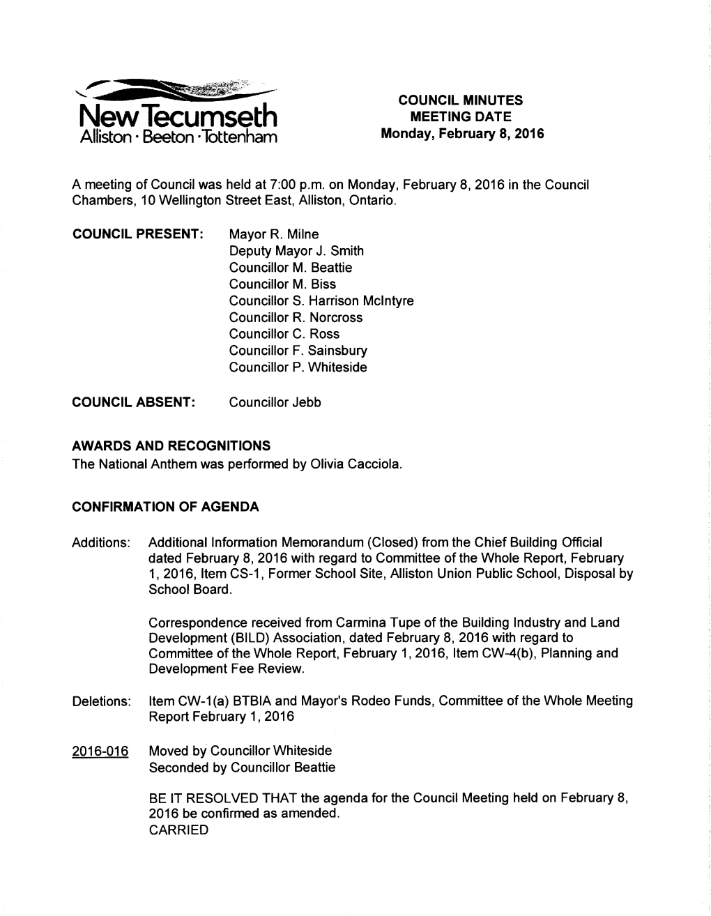 Newlecumseth MEETING DATE Alliston • Beeton •Tottenham Monday, February 8, 2016