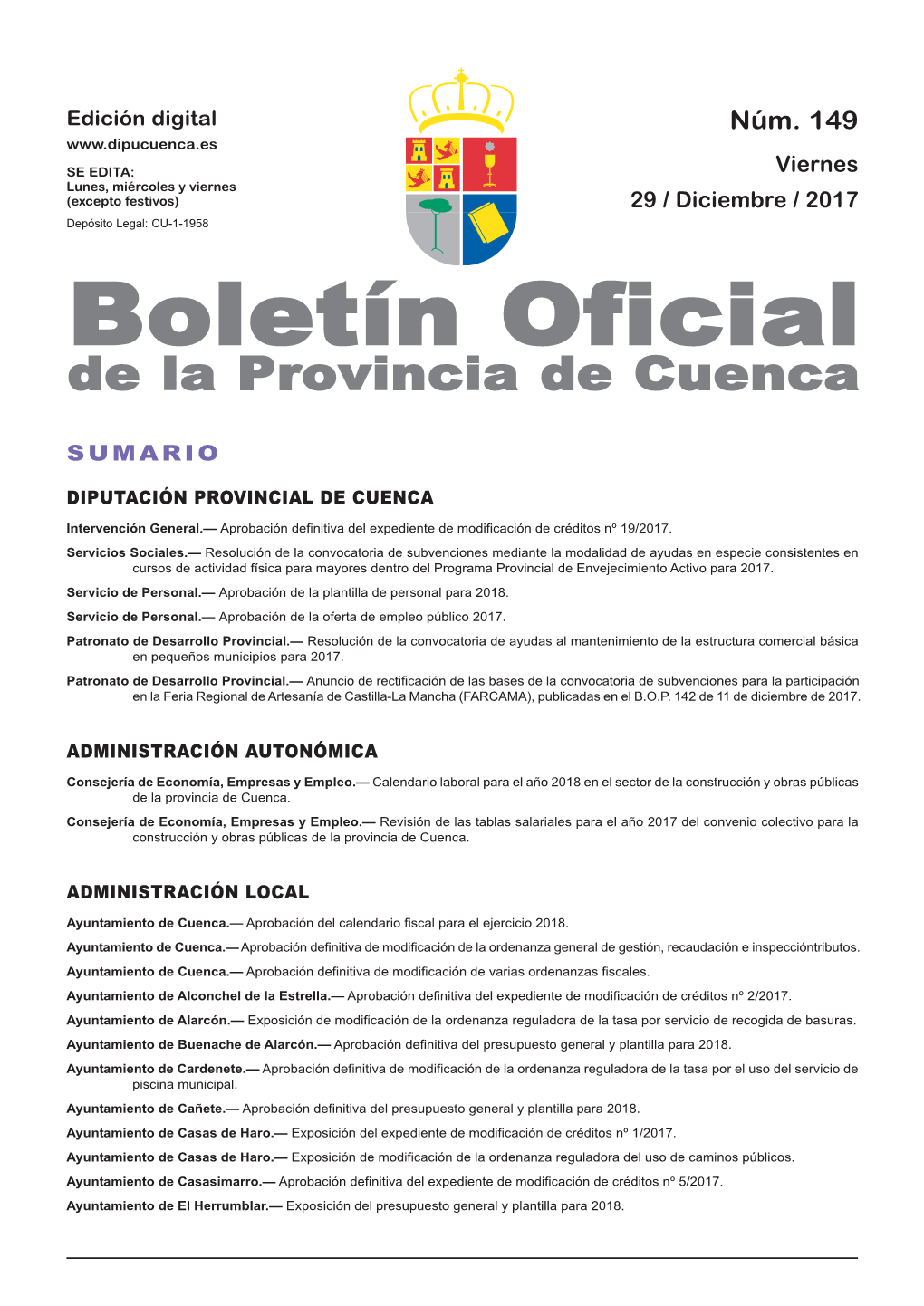 Boletín Oficial De La Provincia De Cuenca Sumario Diputación Provincial De Cuenca