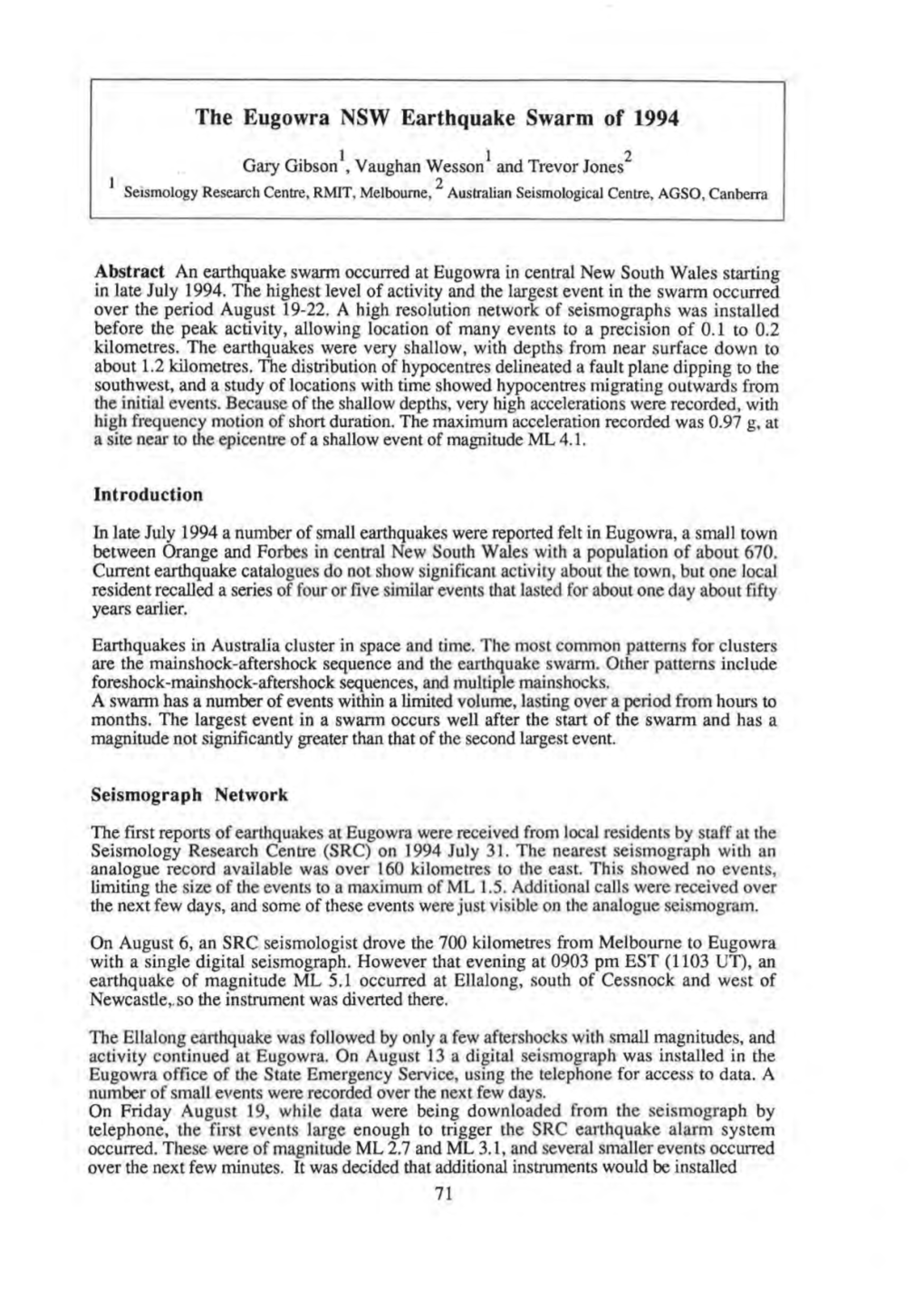 The Eugowra NSW Earthquake Swarm of 1994