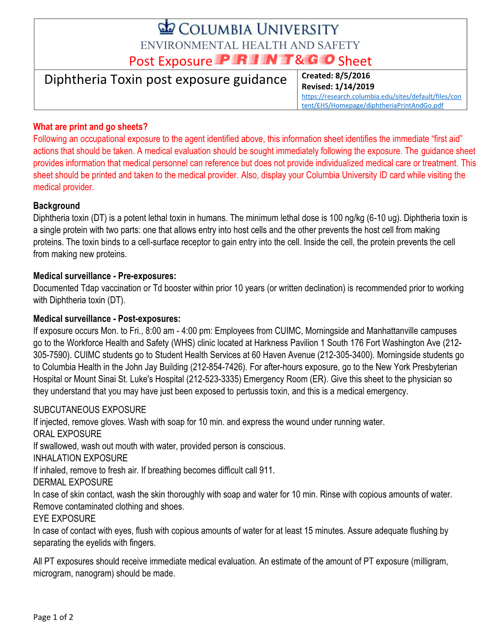 Diphtheria Toxin Post Exposure Guidance Revised: 1/14/2019 Tent/EHS/Homepage/Diphtheriaprintandgo.Pdf