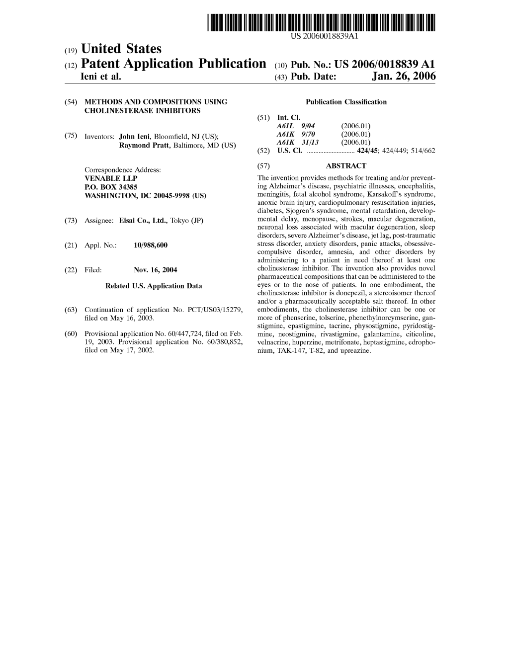 (12) Patent Application Publication (10) Pub. No.: US 2006/0018839 A1 Leni Et Al