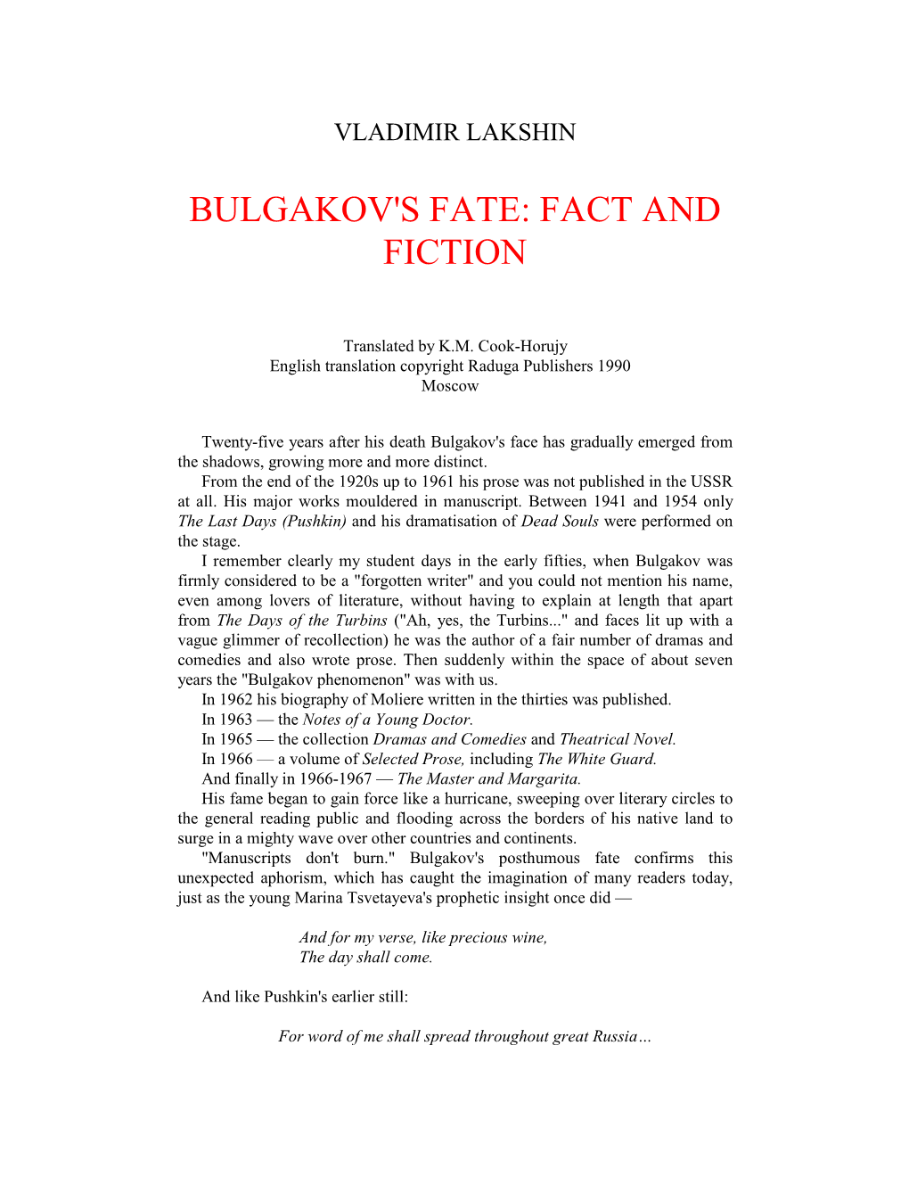 Bulgakov's Fate: Fact and Fiction