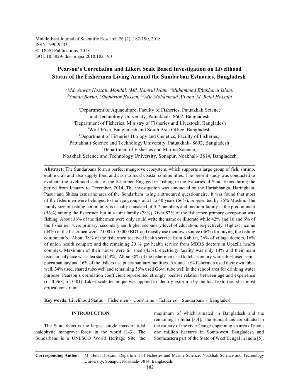 Pearson's Correlation and Likert Scale Based Investigation on Livelihood