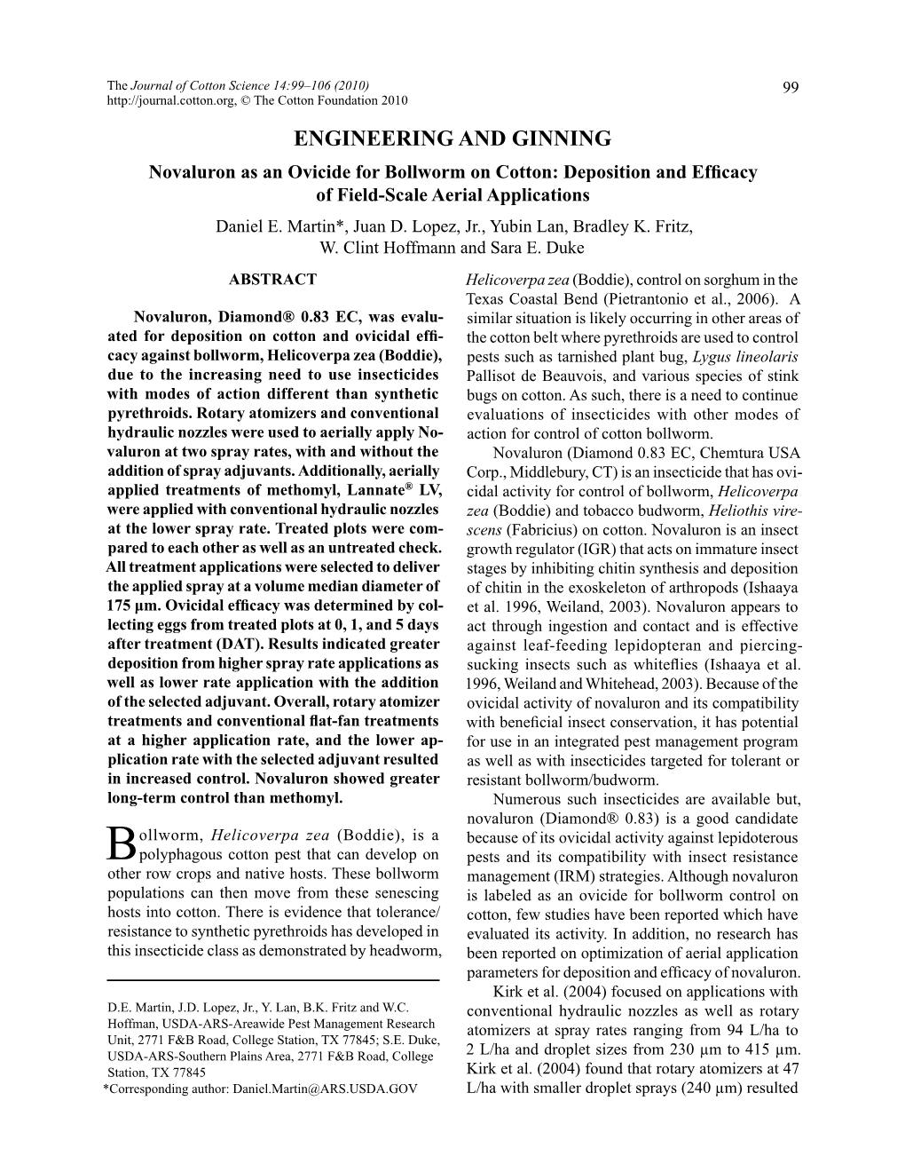 Novaluron As an Ovicide for Bollworm on Cotton: Deposition and Efficacy of Field-Scale Aerial Applications Daniel E