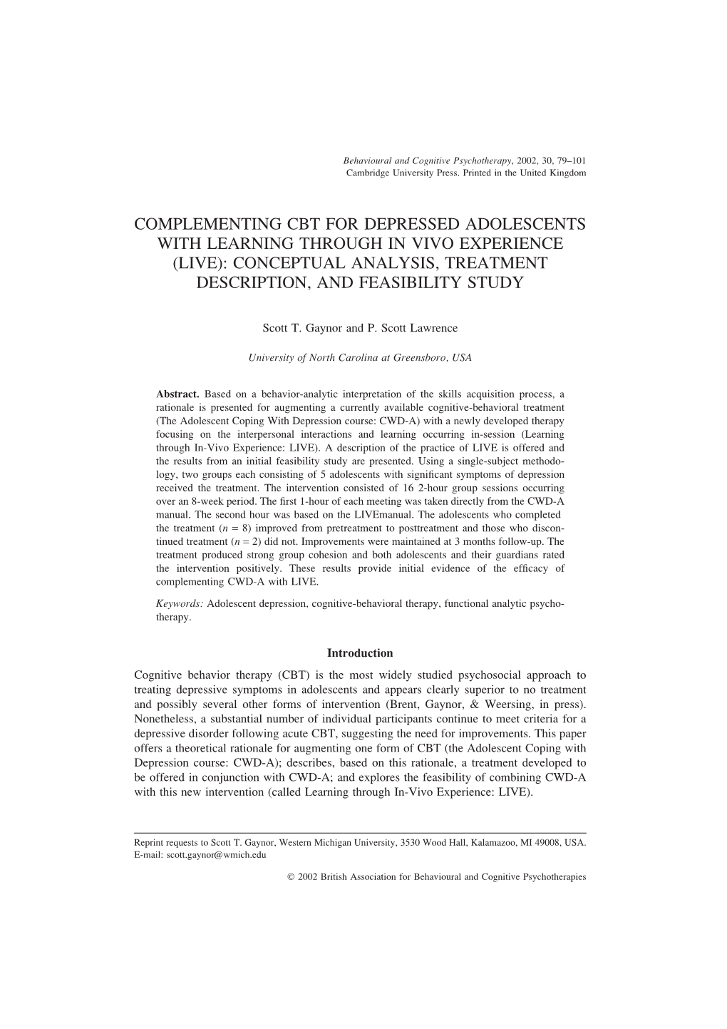 Live): Conceptual Analysis, Treatment Description, and Feasibility Study