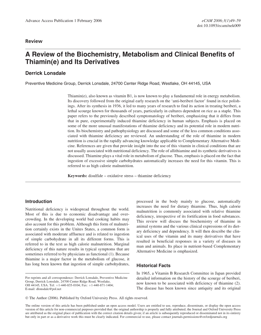 A Review of the Biochemistry, Metabolism and Clinical Benefits of Thiamin(E) and Its Derivatives