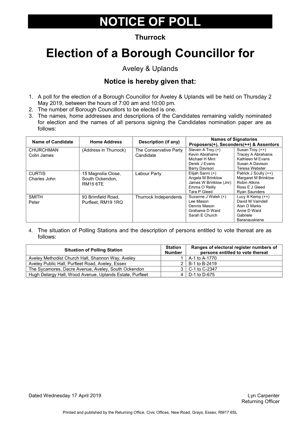 Notice of Poll and Situation of Polling Stations, Council Elections, 2 May
