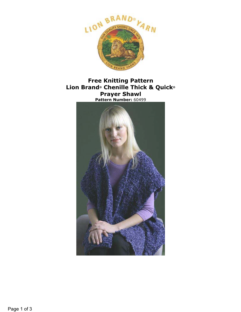 Free Knitting Pattern Lion Brand® Chenille Thick & Quick® Prayer