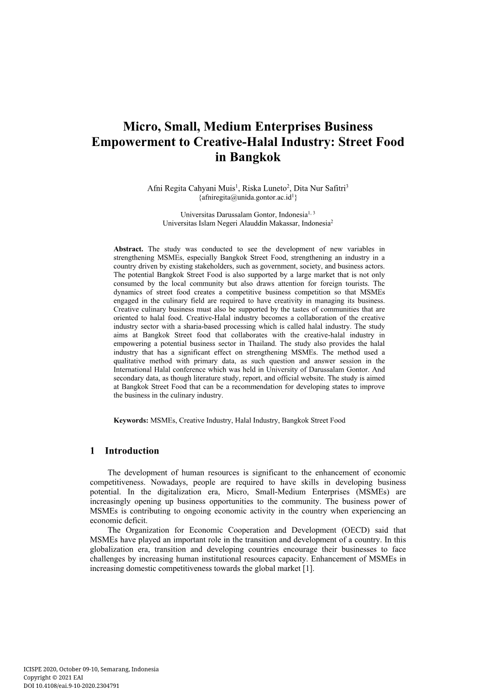 Micro, Small, Medium Enterprises Business Empowerment to Creative-Halal Industry: Street Food in Bangkok