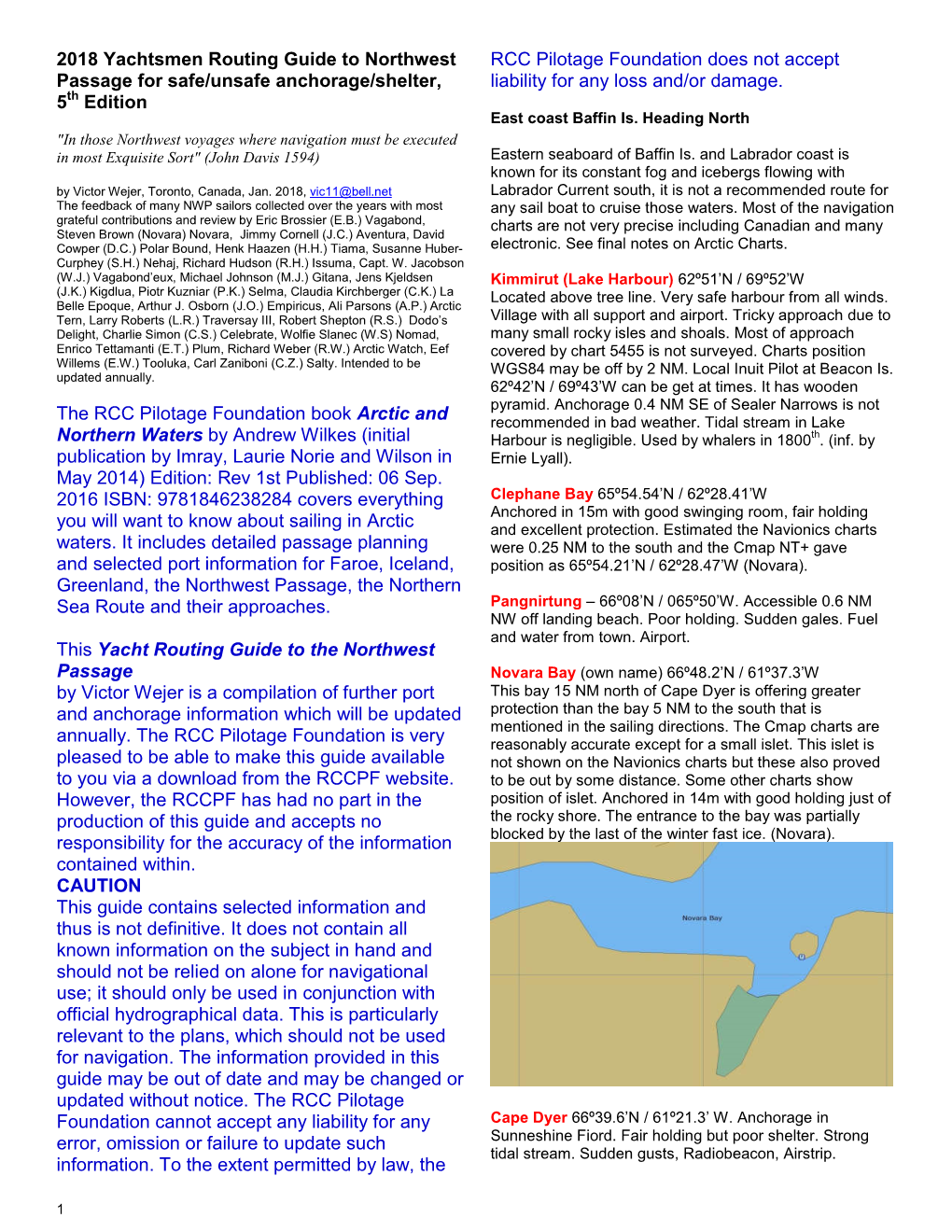 2018 Yachtsmen Routing Guide to Northwest Passage for Safe/Unsafe