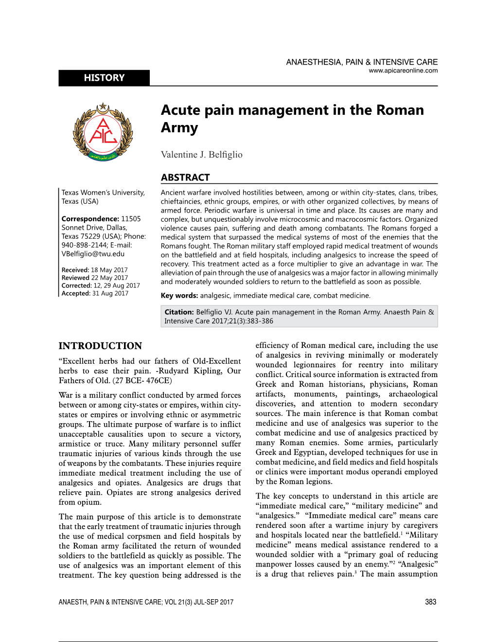 Acute Pain Management in the Roman Army