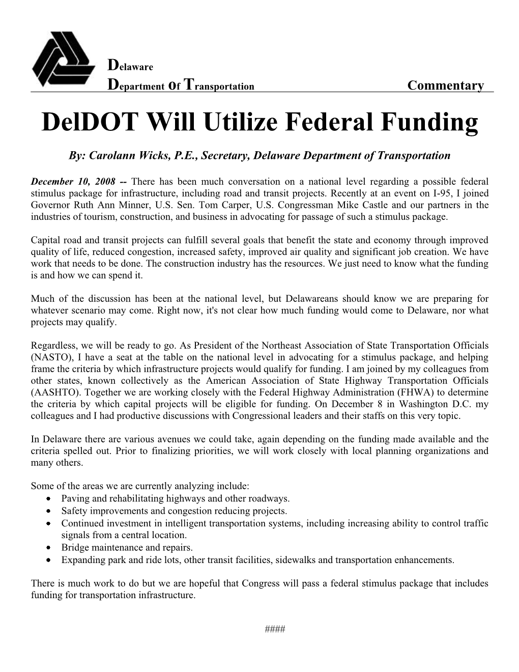 Deldot Will Utilize Federal Funding