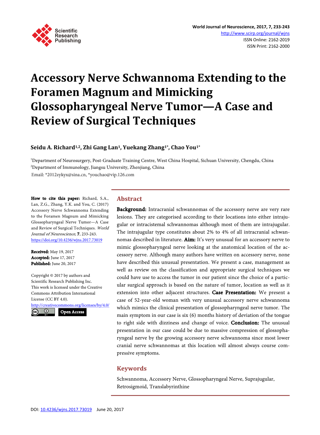 Accessory Nerve Schwannoma Extending to the Foramen Magnum and Mimicking Glossopharyngeal Nerve Tumor—A Case and Review of Surgical Techniques