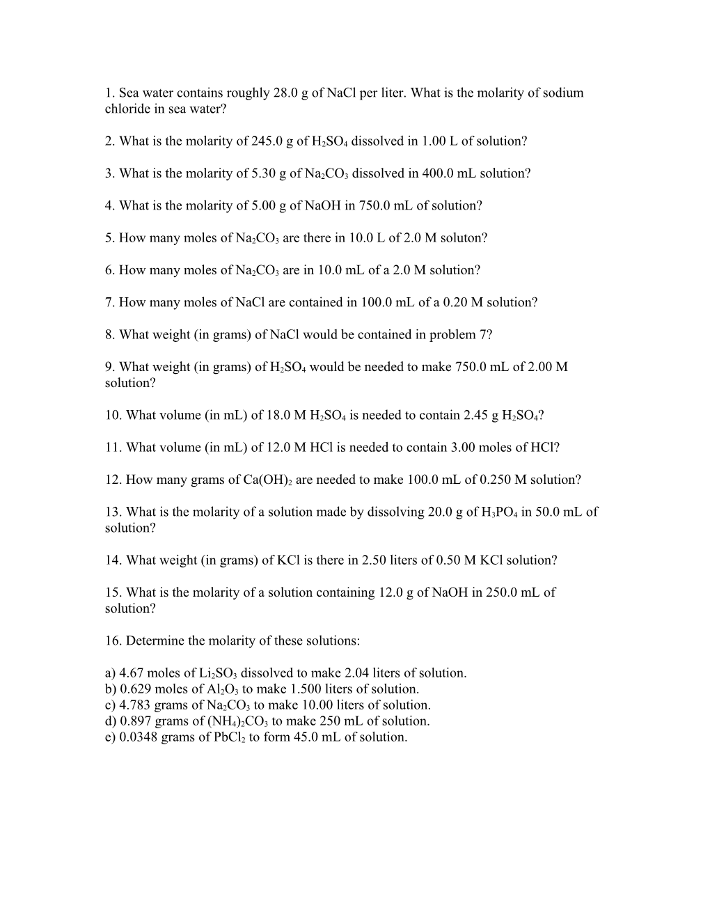 2. What Is the Molarity of 245.0 G of H2SO4 Dissolved in 1.00 L of Solution?