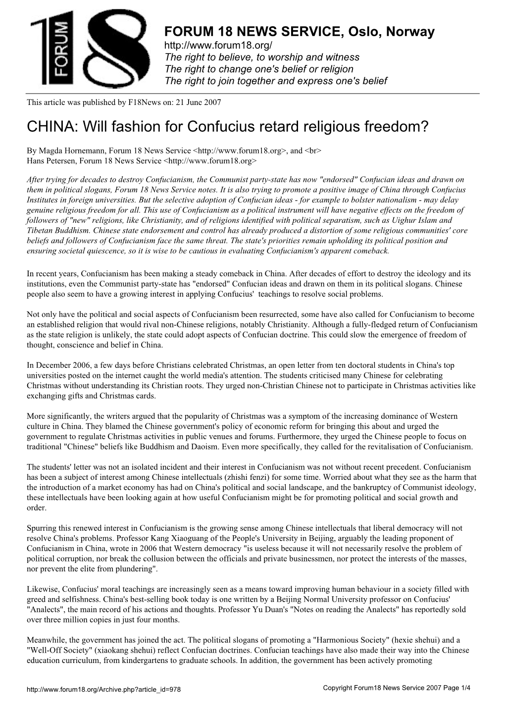 CHINA: Will Fashion for Confucius Retard Religious Freedom?