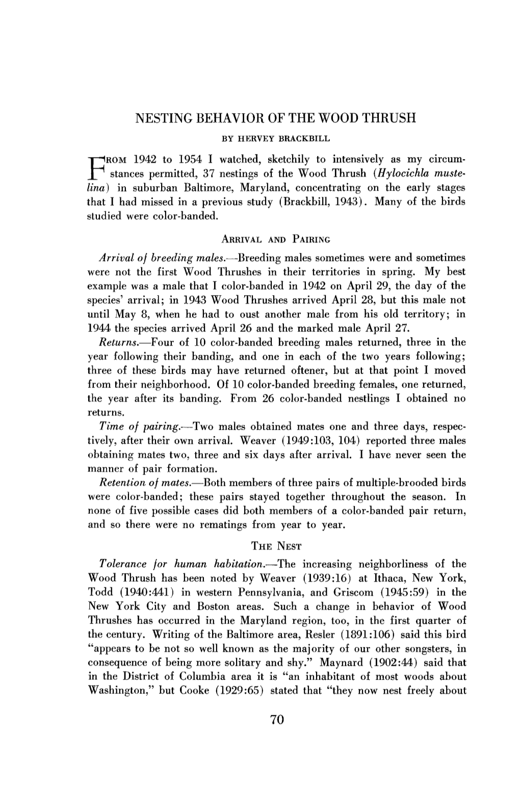 Nesting Behavior of the Wood Thrush by Hervey Brackbill