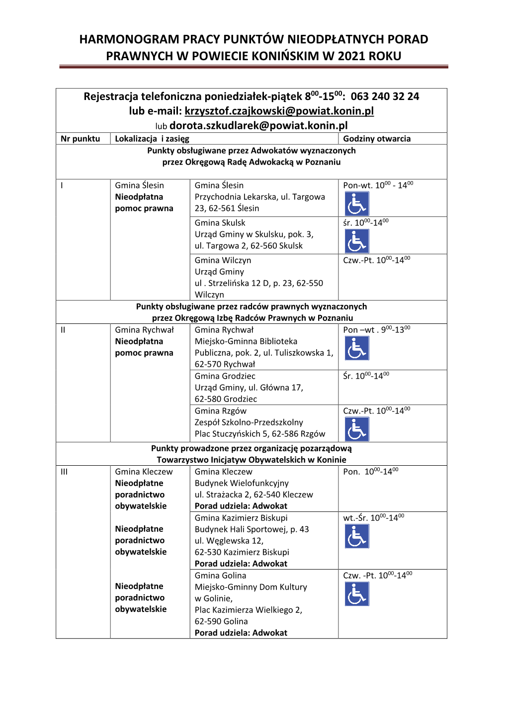 Harmonogram Pracy Punktów Obowiązujący Od