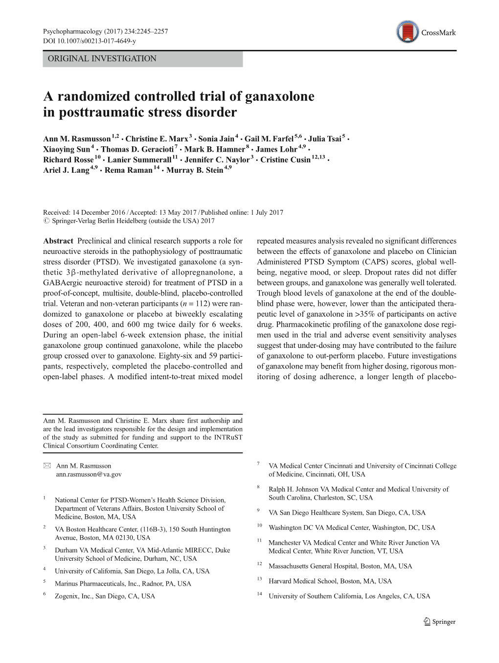 A Randomized Controlled Trial of Ganaxolone in Posttraumatic Stress Disorder