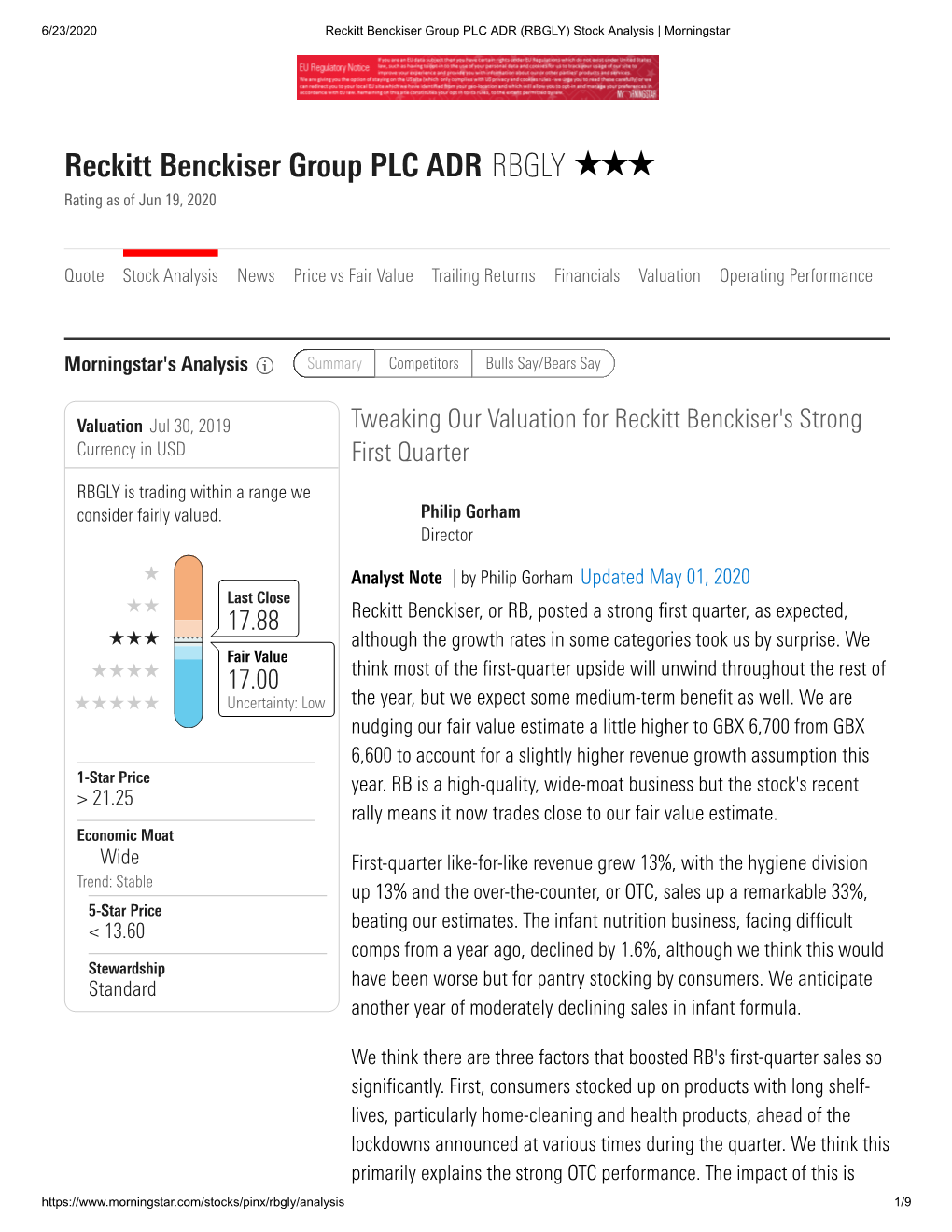 Reckitt Benckiser Group PLC ADR RBGLY Rating As of Jun 19, 2020