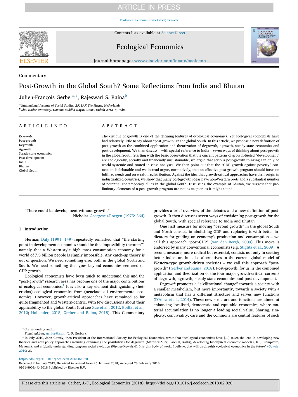 Post-Growth in the Global South? Some Reflections from India and Bhutan